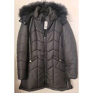 Quilted Puffer Jacket Faux Fur Trim Hooded Gray NWT